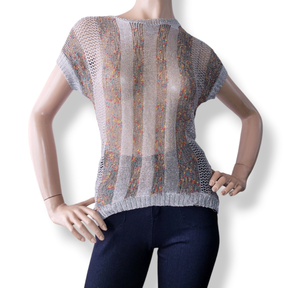 Trendology Silver Metallic Multicolored Striped Sheer Mesh Blouse